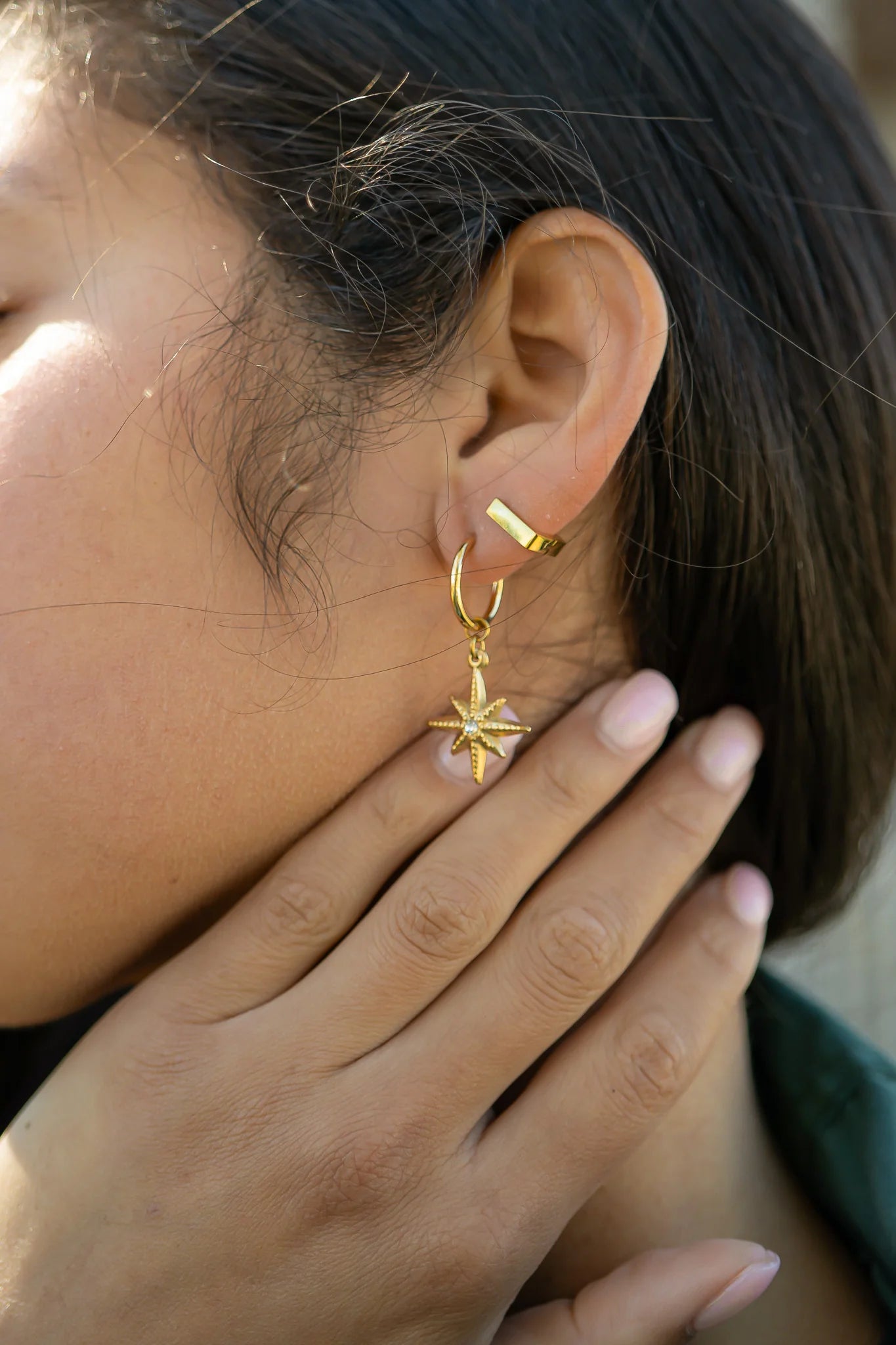 Gold PVD Huggie with Compass Charm with CZ Stone Earrings