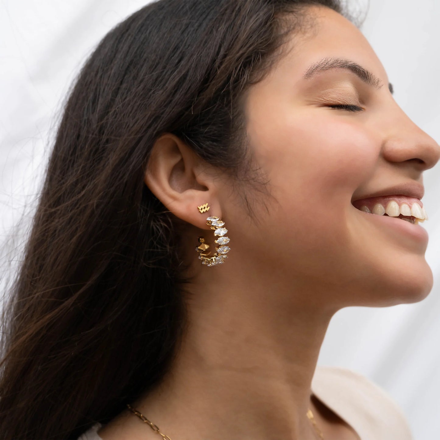 Gold PVD Stainless Steel Marquis CZ Stone Hoop Earrings