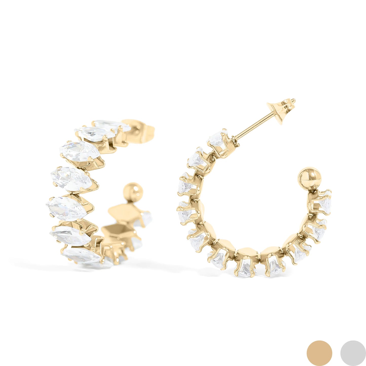 Gold PVD Stainless Steel Marquis CZ Stone Hoop Earrings