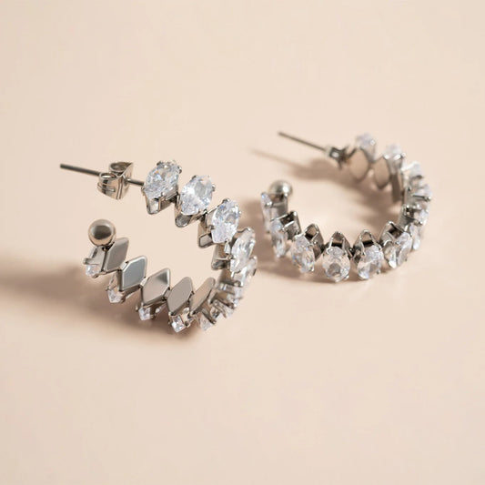 Stainless Steel Marquis CZ Stone Hoop Earrings